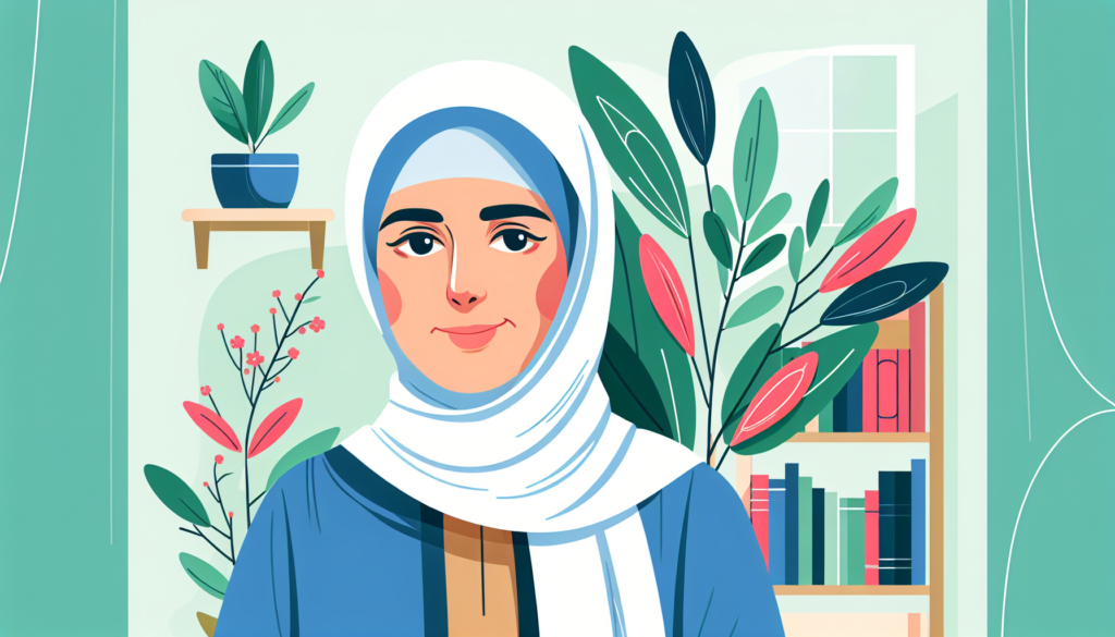 Create a colorful and modern illustration that symbolizes a woman who has a son named Khaled Al Faisal. The woman is warmly dressed with a classy attire, and has a sense of wisdom and experience reflecting in her eyes. She's standing near a plant that reflects her nurture and kindness. A bookshelf is seen in the background, symbolizing her knowledge and education. The image should encompass a general warm and welcoming atmosphere.