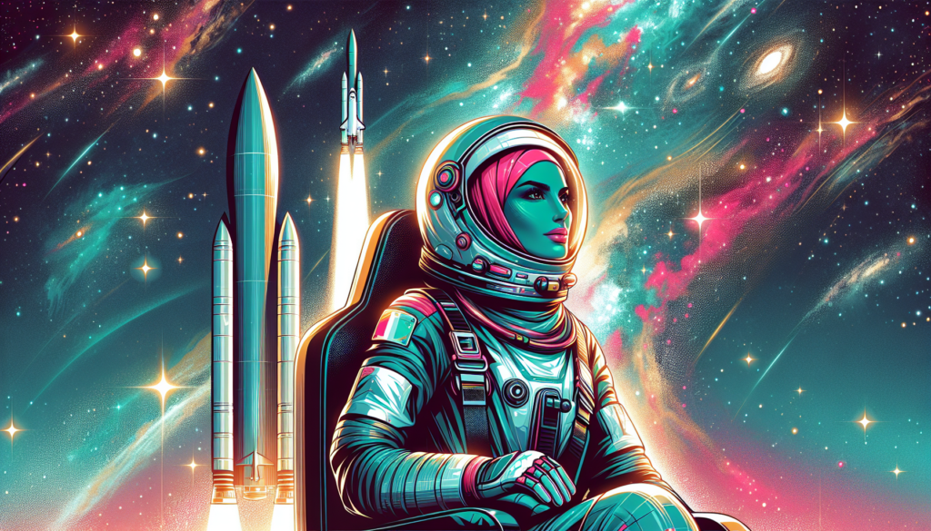 Illustration of the first Arab female astronaut ascending to space in a futuristic rocket. The image should be modern and vibrant with splashes of bright colors such as teal, pink and gold. The astronaut is outfitted in a high-tech, streamlined suit and helmet, gazing out towards the vast expanse of cosmos filled with sparkling stars and nebulas.