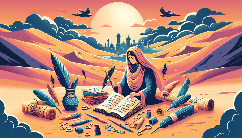 Illustrate a scene depicting the life of a prolific Arab female poet during the pre-Islamic era. Share her narrative through symbolic elements such as Arabic poetry scrolls, feather quills, and the rugged desert landscape. Construct the scene in a vibrant and modern color palette to communicate the contemporaneity of her influence.