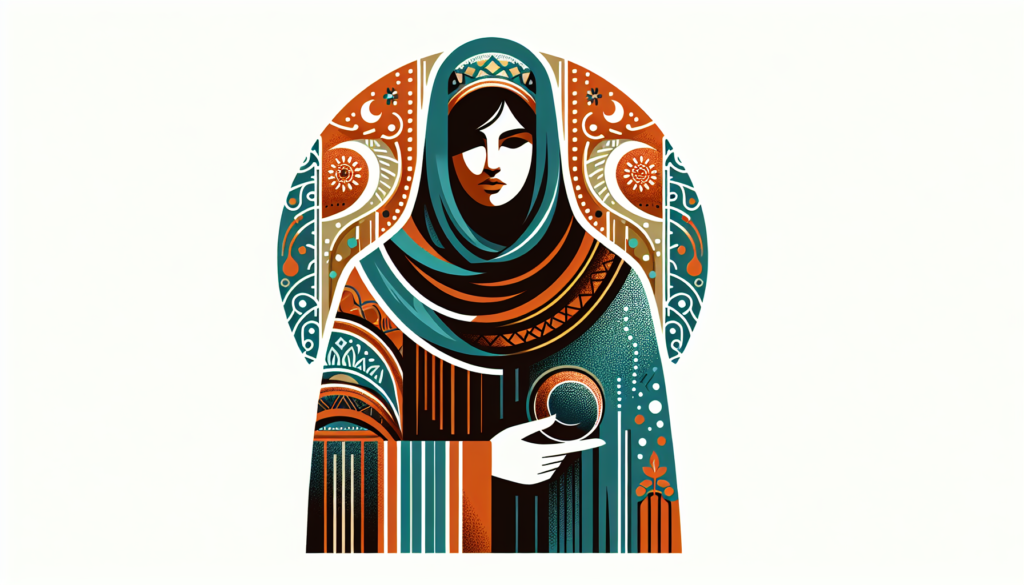 Create a modern, colorful illustration of a woman, adorned in traditionally Middle Eastern attire. She stands with grace, radiating a strong sense of wisdom and peace. Her dark hair is hidden under a beautifully patterned headscarf, and she holds a symbolic object in her hand to symbolize her cultural background.