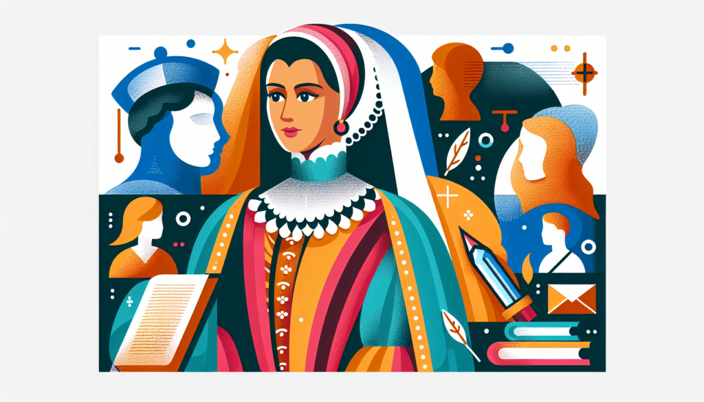 A modern, colorful illustration of an influential woman from the past. She is depicted as a powerful and respected figure, dressed in historical attire typically associated with a highly educated woman of her time and region. Next to her, there are symbolic representations of her work and deeds, such as pieces of literature, a small community looking up to her, and signs of her cultural influence.