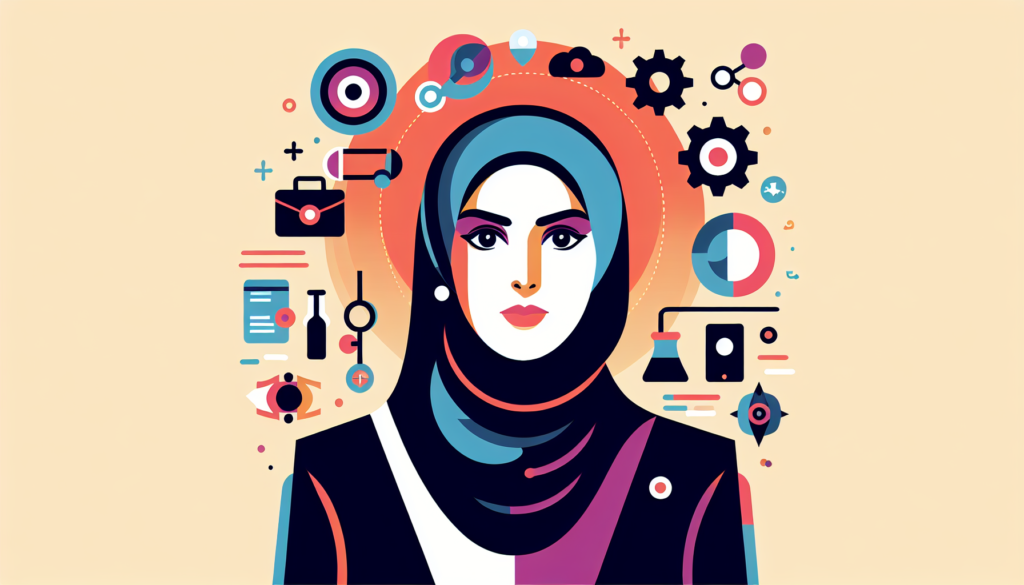 Create a modern and colorful illustration that captures the essence of a prominent female Arab personality without directly portraying her. The image should depict symbols and elements related to her life, achievements, and influence. No text or name tags should be included in the illustration.