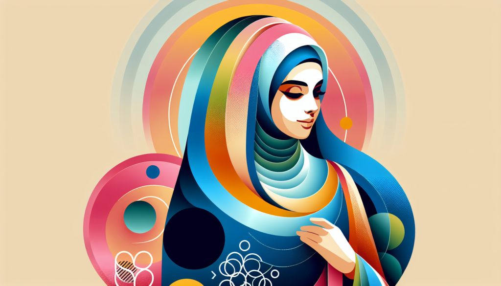 Generate an image showing a modern and colorful representation of a Muslim woman who is a scholar. This should be done in a respectful and dignified manner, reflecting the significance of her role in the faith. The image must not include textual elements.