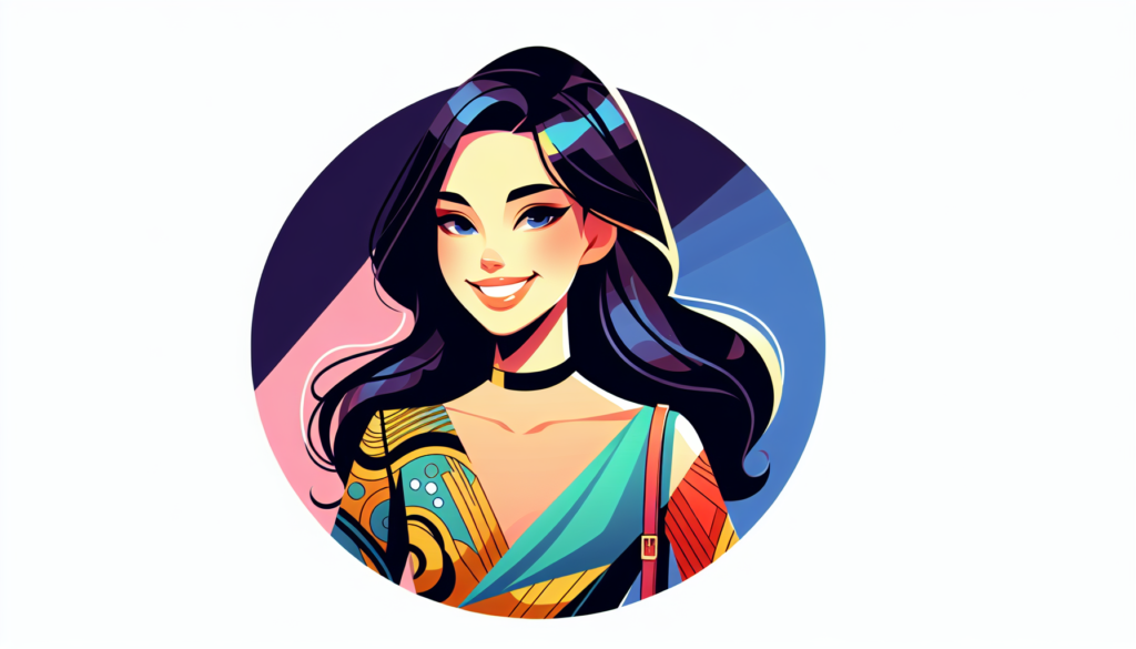 A colorful and modern illustration of a woman dressed in stylish clothing, with a radiant smile. The woman should radiate warmth and friendliness, her eyes holding a lively spark, and her hair styled elegantly. Do not include any text in the illustration.