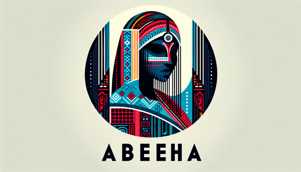 Illustration of a mysterious traditional figure named 'Abeeha'. The figure is not a real person but a representation of an enigmatic cultural heritage. She is depicted in a modern and vibrant color palette, embodying enigma and tradition. No text is included in the image, only the artistic rendering of 'Abeeha' in her culturally rich attire.