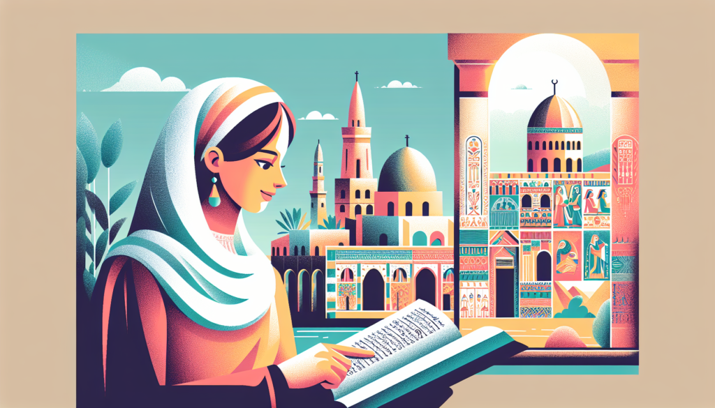 Create a modern, colorful illustration of an anonymous historical woman from the Coptic community. She should be wearing period-appropriate clothing and could be depicted engaged in a daily activity or perhaps reading from a scroll, set in an ancient architectural background to reflect her era.