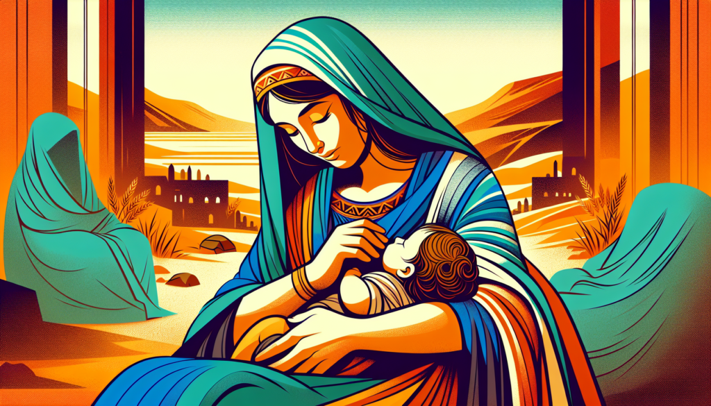 Depict in a colorful and modern style, a scenario set in ancient times showing a woman of Middle-Eastern descent wearing traditional clothing, affectionately cradling and nursing a baby. Make sure to capture a sense of warmth, care, and maternal love. No words, illustration only.