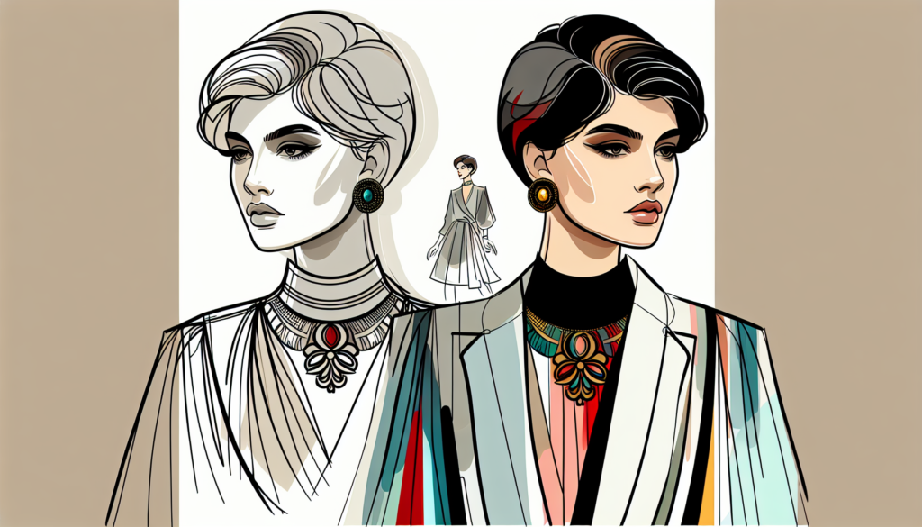 Illustration of a stylish, modern, and colorful portrait of a woman. She should have short hair, wearing elegant and fashionable clothes, and her posture dignified and noble, resembling that of a royal figure of significance