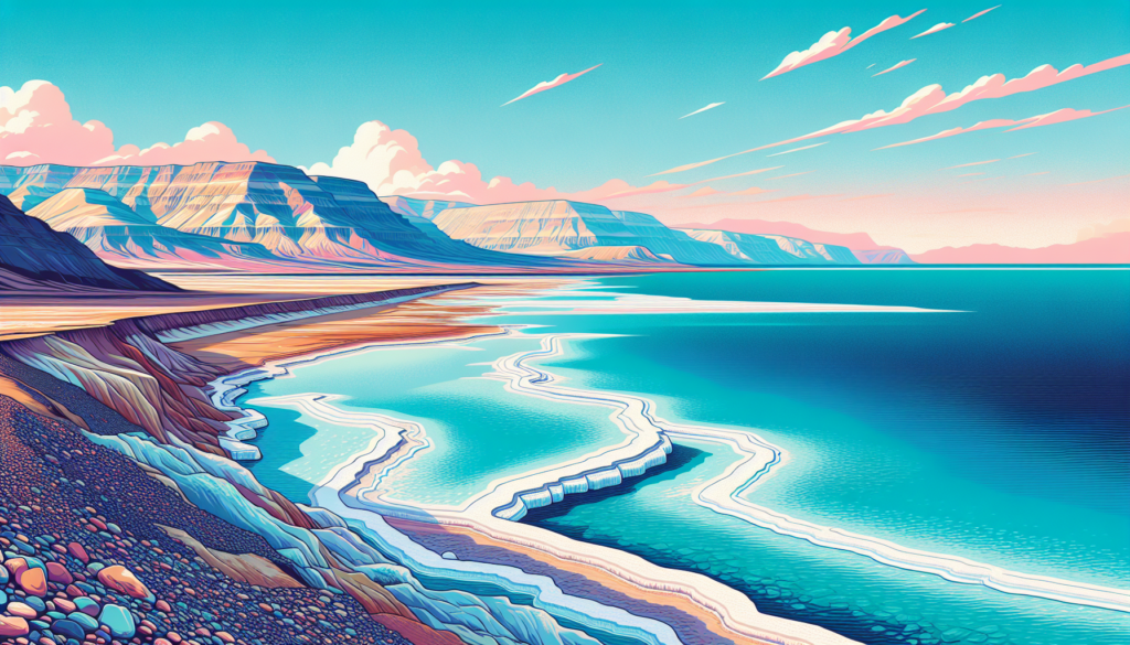 An illustration of the Dead Sea landscape, rendered in a colourful and modern style. The image should highlight the vast expanse of azure blue water, the white salt formations along the shoreline, and the barren, rugged mountains in the backdrop. The sky should appear vibrant with a mix of pastel sunset colors, giving a sharp and contemporary contrast to the traditional environment. Please only show this natural landscape, without any text included in the image.