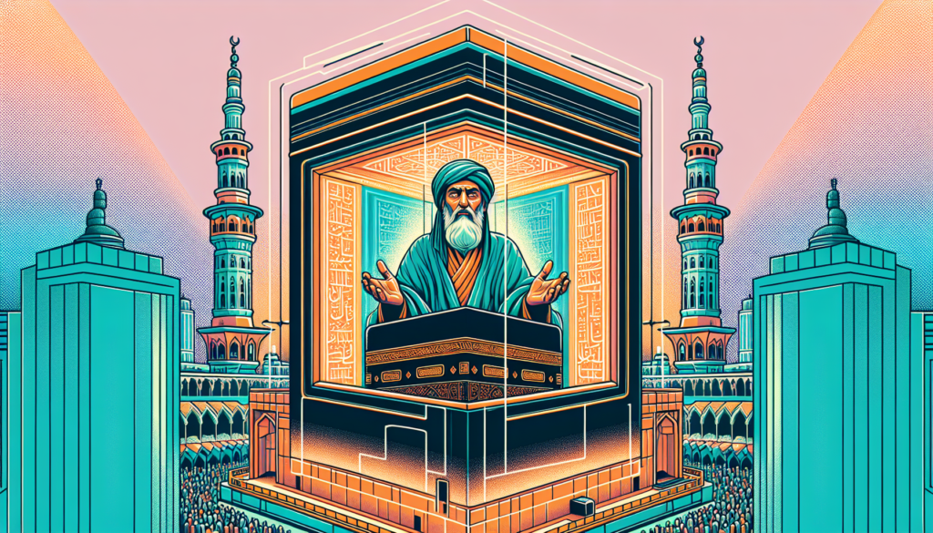 Illustration of a historical religious figure inside a cube-shaped building in Mecca. No words should appear in the image. The scene is stylistically modern and colored with a vibrant palette.